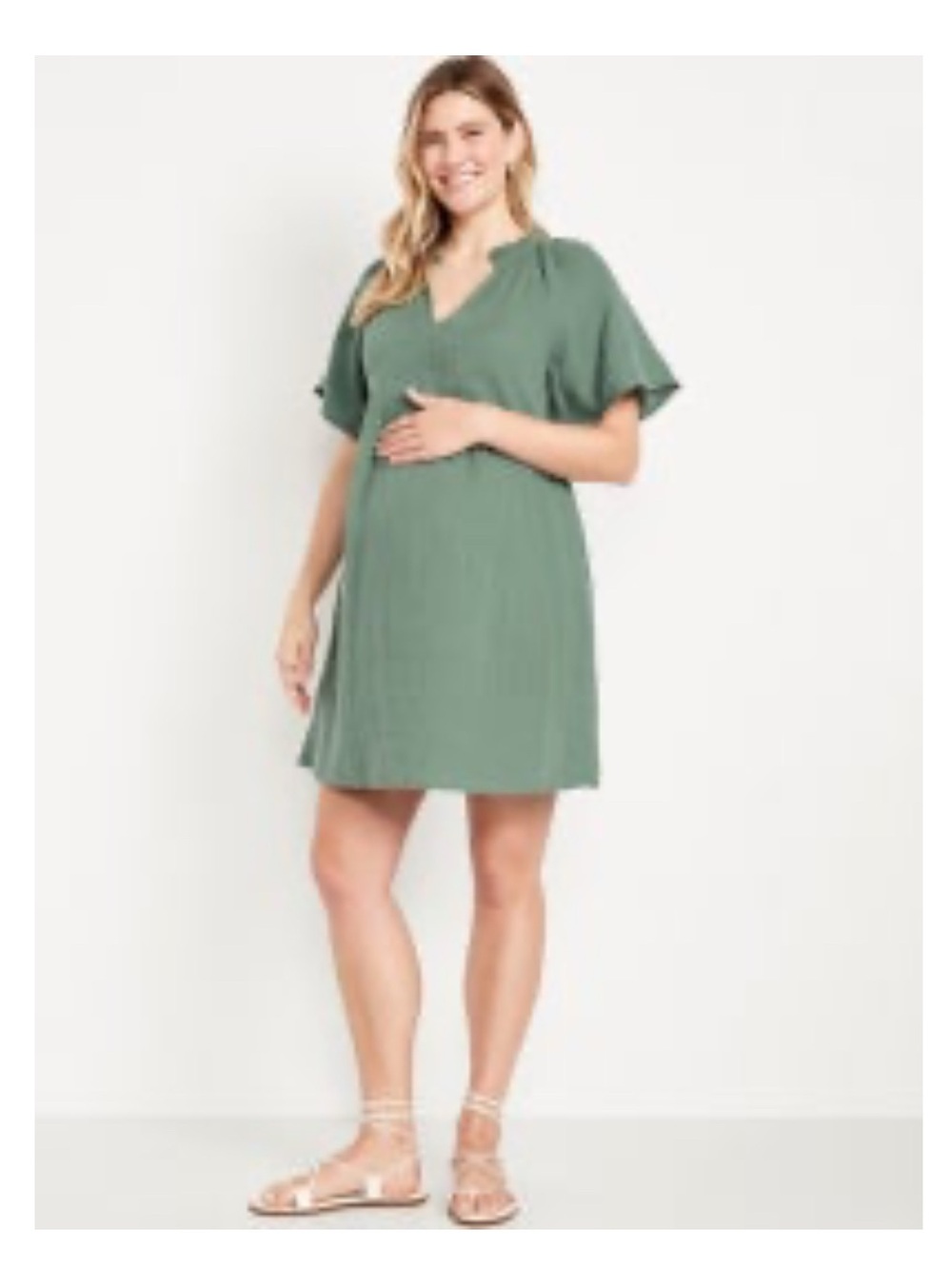 100% Cotton Green V-Neck Babydoll Dress
